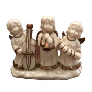 3  Vintage White‎ Ceramic Christmas Angel Figurines Gold Accents Instruments